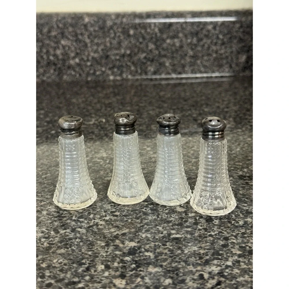 Vintage 1940's mini Sterling Silver Salt Pepper Shakers crystal Set Of 4